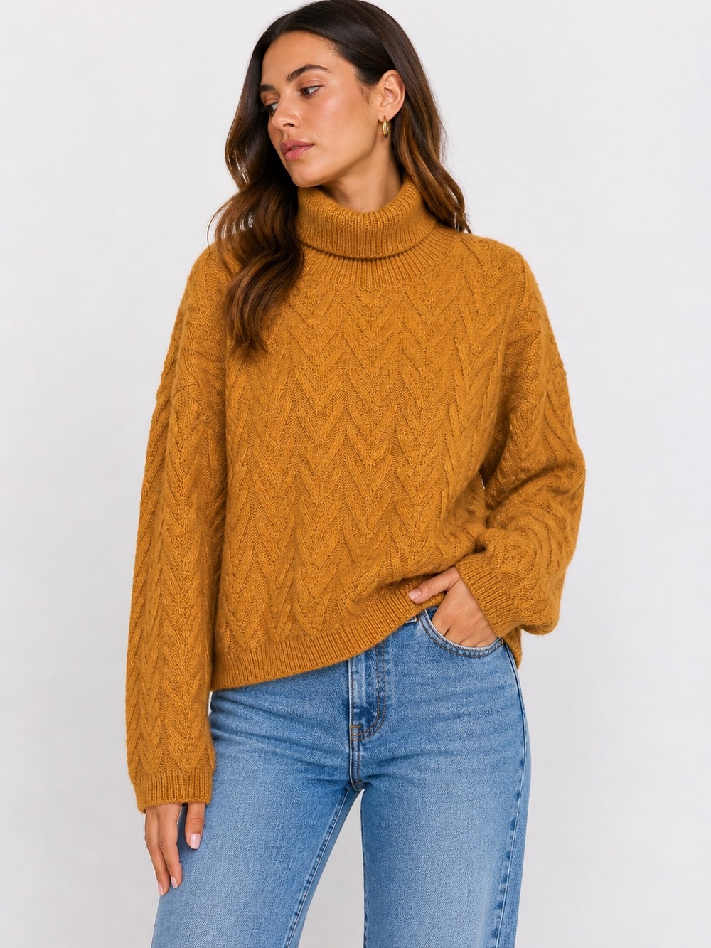 ZARA Mustard Cable Knit Turtleneck Sweater | Cozy Soft Knit | Size M